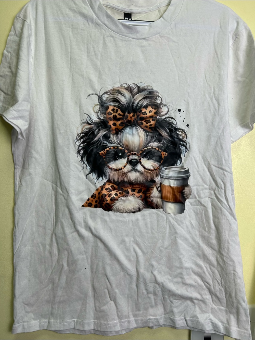 Casual White Tee with Leopard-Print Pup Graphic